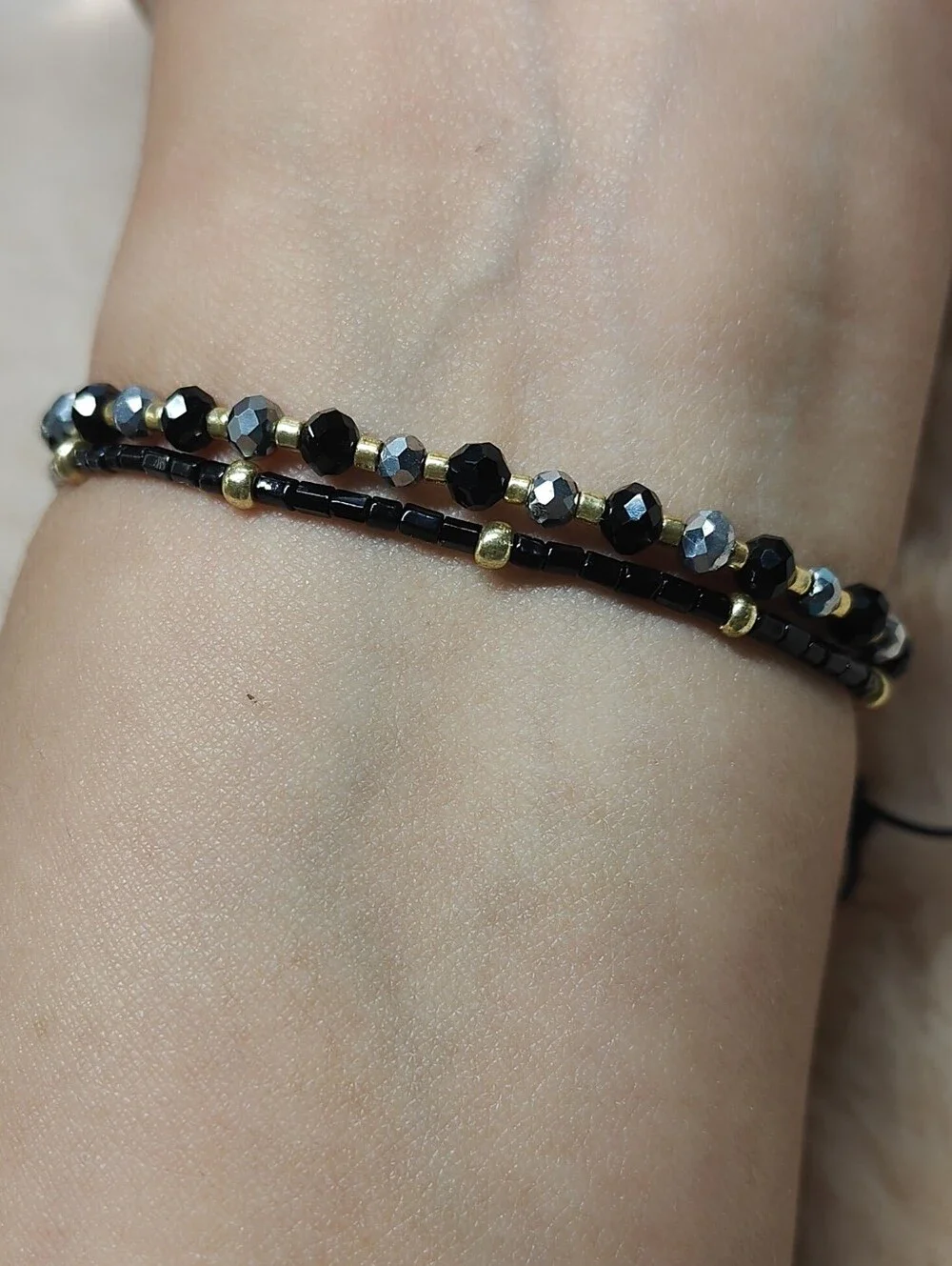 Adjustable Black Beaded Bracelet Set